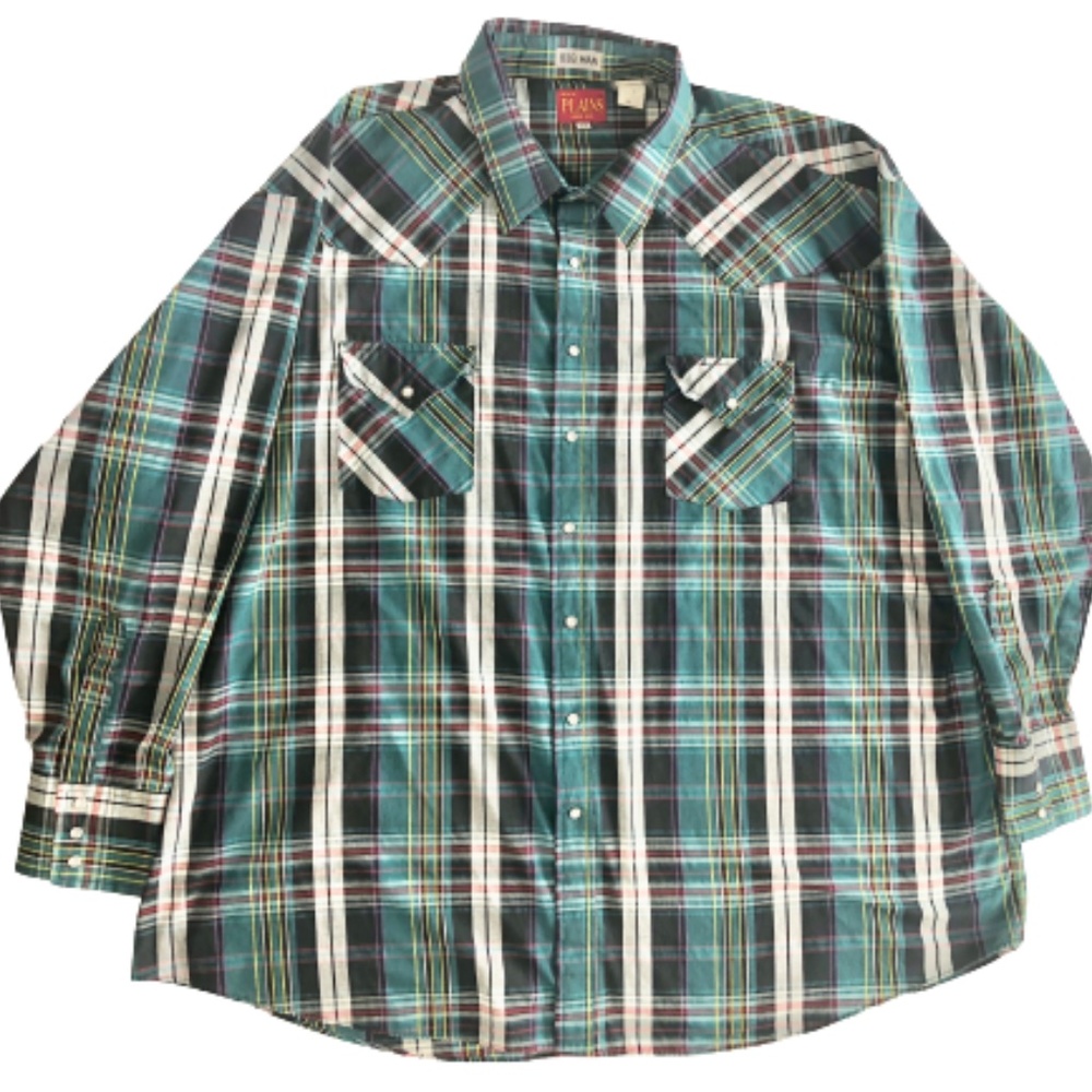 Ely Cattleman Big Man Western Shirt Plaid Long Sleeve Pearl Snap Blue 3XL Cowboy